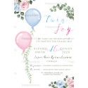 Baptism invitation for twins with balloons.